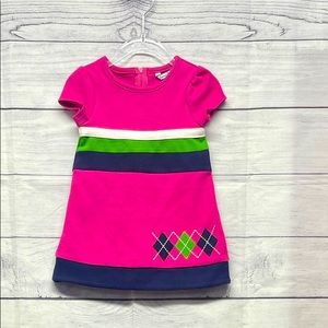 Hartstrings Girls A Line Cap Sleeve Pink Embroidered Argyle Pattern Dress